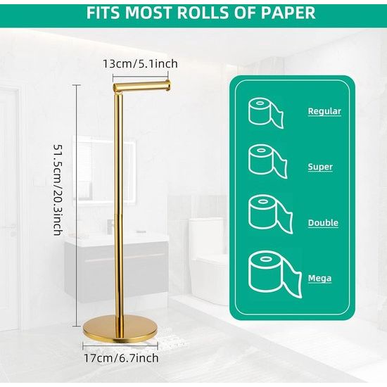 Freestanding Toilet Paper Holder, Gold Toilet Roll Holder Stand, Floor Standing Toilet Paper Dispenser with Storage for 5 Toilet Rolls, Stainless Steel, Toilet