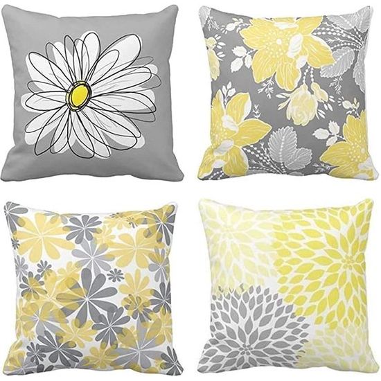 ZHILING Set van 4 kussenslopen, 50 x 50 cm, moderne grijze en gele bloemen, madeliefjes, decoratieve kussenslopen, wooncultuur, vierkante kussenslopen, 20 x 20 inch