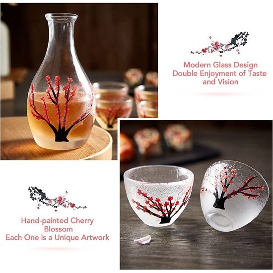 Japanse sake-set voor 4, handgemaakte roze kersenbloesems, 1 sake-fles, 1 sake-container en 4 sake-bekers, sake-karaf koud/warm/warm, speciale Japanse cadeauset, 6 stuks