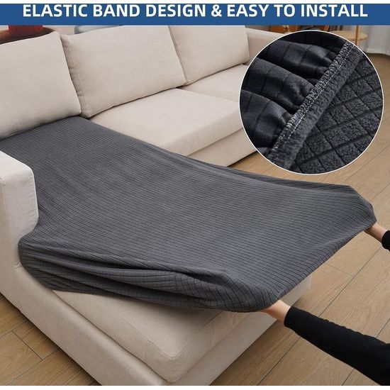 Bankhoes L-vorm, bankhoes 3-zits, stretch zitkussenhoes, bankdeken, bankbeschermer, banksprei, elastische hoes voor L-vorm, donkergrijs, chaise longue (1 stuk)