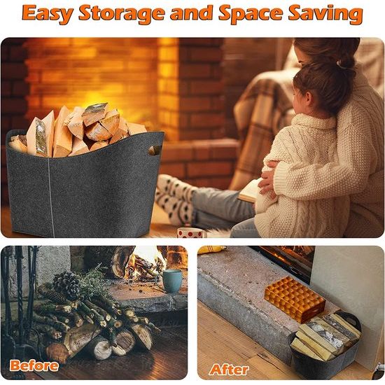 Brandhouttas, houtmand voor brandhout, extra grote brandhoutmand, houtmand, vilten tas, 42 x 31 x 40 cm, opvouwbare haardaccessoires, opbergmand voor hout, kranten, brandhout, boodschappentas