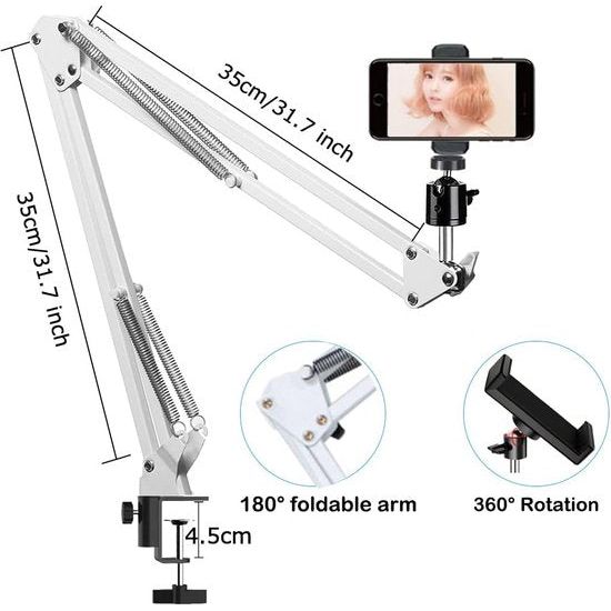 Mobiele telefoon gelede armsteun, webcamstandaard, schaarstatief met smartphoneklem en 1/4" schroef lange mouw mobiele telefoonhouder gelede armsteun (wit)