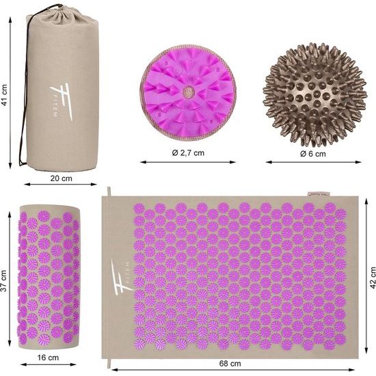 Acupressuurset - Spierontspanning - Tapijt, bloemenkussen, tas, massagebal, verlicht rug- en nekpijn. (fuchsia)