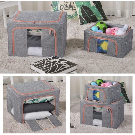Opbergtas, 100 liter, metalen frame, katoenen was, beschermt tegen vocht en stof, dubbele openingsritssluiting, perfect voor kleding, speelgoed, beddengoed, dekens (set van 3)