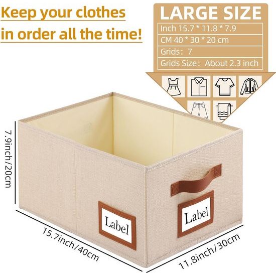 3 stuks stoffen opbergdozen, opvouwbare opbergkist, organizer met handvat, grote opbergmand, opbergdozen voor kledingkast, kleding, boeken en speelgoed (40 x 30 x 20 cm, beige)