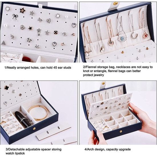 dames, 2 lagen, PU opbergkoffer voor ringen, oorbellen, armbanden, halskettingen, reizen, sieraden, organizer, geschenkdoos voor meisjes en vrouwen (wit)