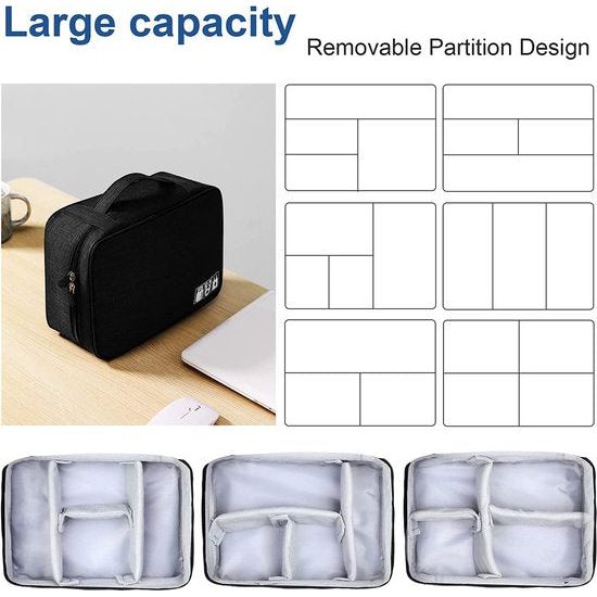 Kabeltas universele reiskabel organizer tas kubussen kabeltas, 2-laags waterdichte verstelbare kabelorganizer voor oplaadkabel mobiele telefoon, powerbank, USB-sticks, SD-kaarten