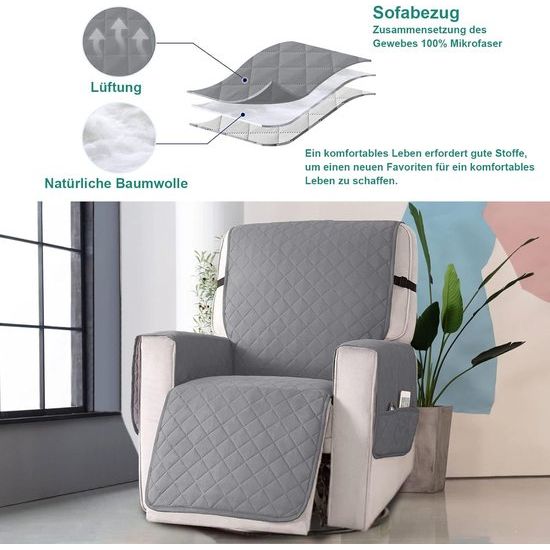 Fauteuilbeschermer voor televisiestoel - waterdichte relaxstoel - stoelbeschermer met zakken en armleuningen - 1-zits, stoelbekleding, antislip, stoelbekleding voor meubelbescherming - Lichtgrijs
