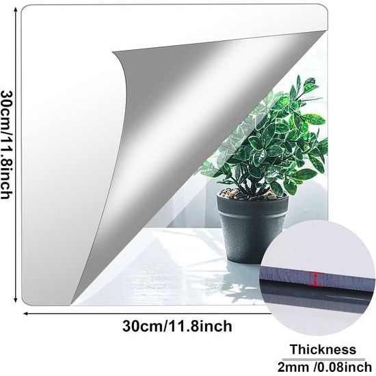 Over dit item ontvang je: 4 stuks zelfklevende spiegeltegels van 30 x 30 cm (dikte: ca. 2 mm), samen met een gratis sticker.