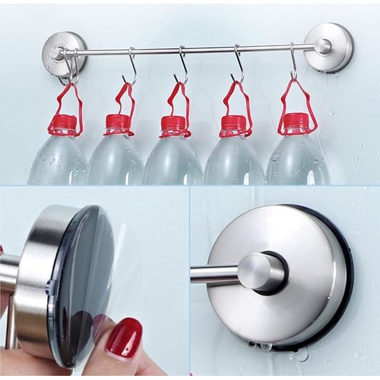 Kitchen Hook Rail without Drilling, Suction Cup Kitchen Rail with 7 Hooks, Waterproof Bathroom Hook, Stainless Steel Never Rust, 5 kg Load Capacity, Brushed Finish