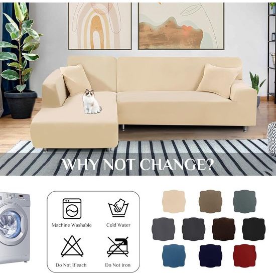 Bankhoes, L-vorm, 2-delige hoes, links, rechts, rekbaar, met 2 kussenhoezen, afneembaar, universeel, elastische bank, bankhoes, voor hoekbank, voor 3 + 4-zits, beige