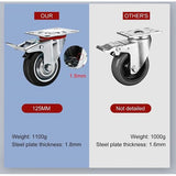 4 stuks transportwielen, 125 mm zwenkwielen met rem, 2 bokkenwielen + 2 remwielen, meubelwielset, industriële wielen, draagkracht 100 kg per rol, massief rubberen wielen, zwart, verzinkt plaatstaal