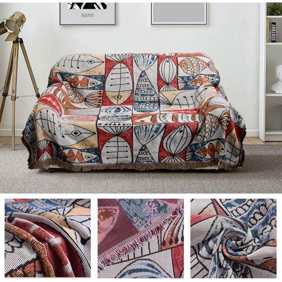 Deken boho-stijl, boho-stijl, woondeken, sprei, 130 x 180 cm, 100% handgeweven katoen, dubbelzijdig gebreid, kwastjes, woondeken, sofadeken, vintage Indiase decoratie voor kamer, bank, bed, stoel