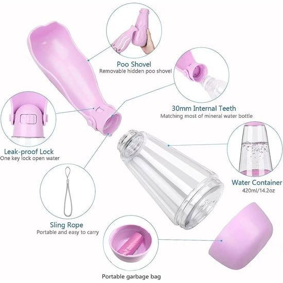 Multifunctionele hondenwaterfles met vuilniszakcontainer en verborgen schop Waterfles Hond Kat Reizen Draagbaar (roze)