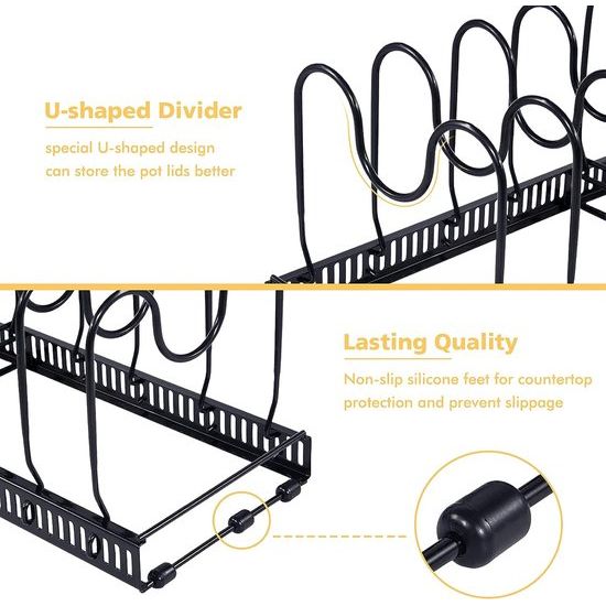 Pannenhouder, uitbreidbaar rek van roestvrij staal, met 7 verstelbare verdelers, perfect voor keukengerei, pannen, potten en deksel, zwart