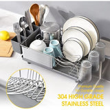 Afdruiprek, roestvrijstalen afdruiprek met antiroestframe, 2 richtingen uitloop afdruiprek ontwerp, verwijderbare 4 compartimenten gebruiksvoorwerphouder voor keuken, grijs