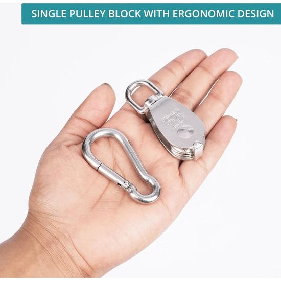 2x roestvrijstalen M20 katrol katrollen voor touwenset - draaibare haak katrol nylon touw karabijnhaak clip & oogkussenplaat - 150 kg draagvermogen