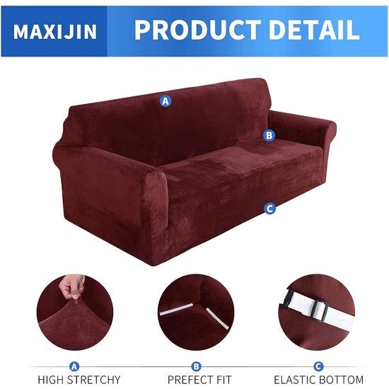 Thick fluwelen bankovertrekken, 2-zits, stretch, antislip, loveseat, hoezen voor woonkamer, honden, huisdier, pluche, liefde, zitbank, beschermhoes, meubelbeschermer (2 zits, wijnrood)