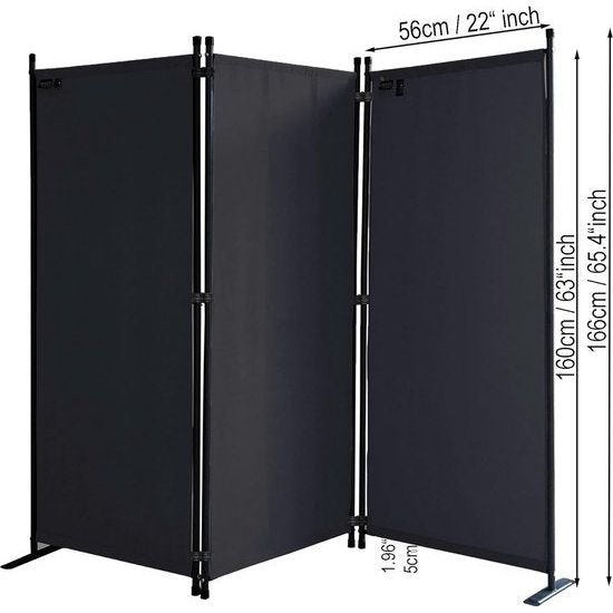 3-Piece Screen 170 x 165 cm Fabric Room Divider Balcony Privacy Screen Foldable Black