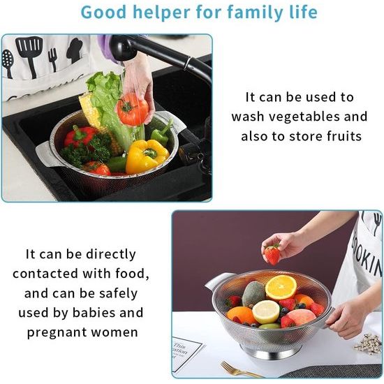 Roestvrijstalen Colander 5 Quart, professionele zeef met heavy duty handgrepen en zelfdragende vaste ringbasis voor pasta, spaghetti, bessen, groenten, fruit, pasta, salades,