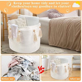 Manden van gevlochten touw, grote mand van katoenen touw, wasmand, opbergmand, gevlochten ronde geschenkmand met handgrepen, speelgoedopberger voor kinderkamer, organisatie van de was, wit