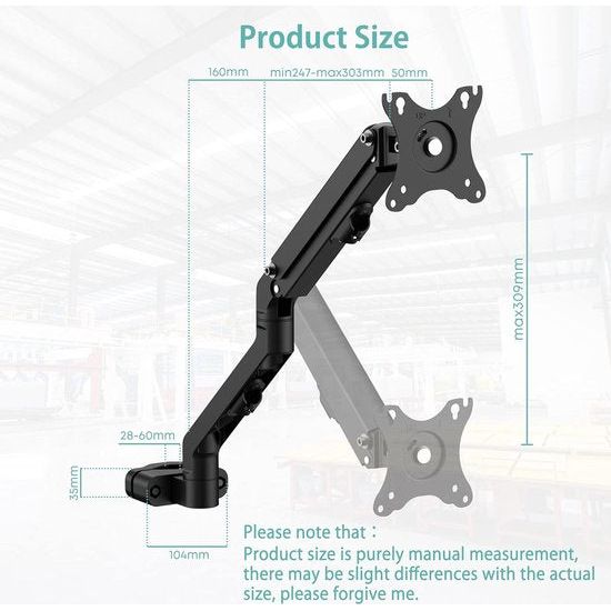 Schermpaalmontage met mechanische veer, eenvoudige VESA-montage voor 17"-27" schermen tot 7 kg, compatibel met VESA 75x75 en 100x100 paalmonitor