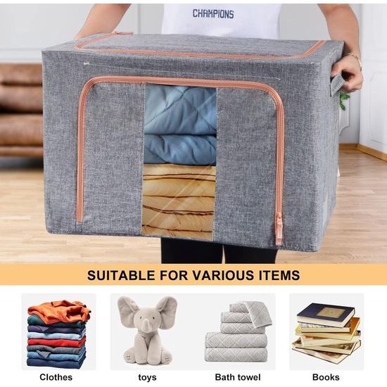 Opbergtas, 100 liter, metalen frame, katoenen was, beschermt tegen vocht en stof, dubbele openingsritssluiting, perfect voor kleding, speelgoed, beddengoed, dekens (set van 3)