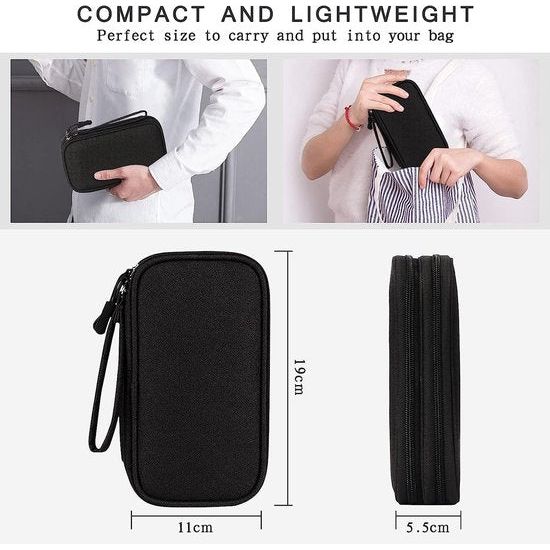 Kabeltas, organizer voor elektronica-accessoires, draagbare kabelorganizer, dubbele kabeltas voor elektronische accessoires, USB-powerbank, SD-kaart, oplaadkabel, 18 x 10 x 5,6 cm, zwart