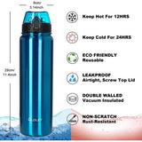 Roestvrijstalen waterfles met drinktuit, 1 l, vaccum geïsoleerde grote drinkfles, metaal, 1 liter, lekvrij, houdt warm en koud, voor fiets, camping, sport, met verschillende deksels