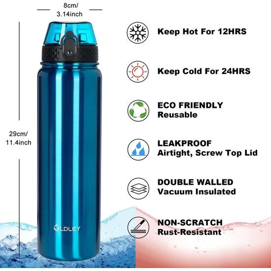 Roestvrijstalen waterfles met drinktuit, 1 l, vaccum geïsoleerde grote drinkfles, metaal, 1 liter, lekvrij, houdt warm en koud, voor fiets, camping, sport, met verschillende deksels