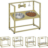 Verhoogde hondenbakken, 5 in hoogte verstelbare voerbakken, verhoogde hondenbakstandaard met 2 roestvrijstalen bakken, gekanteld ontwerp, eenvoudige installatie, met naamplaatje en bel, goud