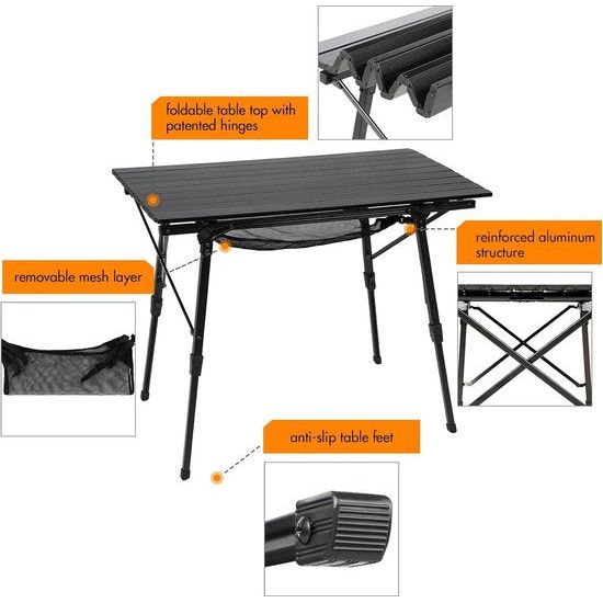 Campingtafel, opvouwbaar, in hoogte verstelbaar, klaptafel, aluminium, 90 x 53 cm, voor 4 personen, gemakkelijk op de camping, inklapbare vouwtafel