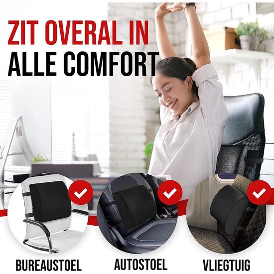 Rugkussen bureaustoel, lendensteun rugkussen voor auto, lendenkussen bureaustoel, traagschuim rugkussen stoel, wasbare hoes (zwart)