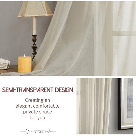 Voile gordijnen met oogjes, half-transparant, kort, linnenlook, voorhang, vitrage, beige-creme, 137 x 140 cm (h x b) voor woonkamer, slaapkamer, kinderkamer, set van 2