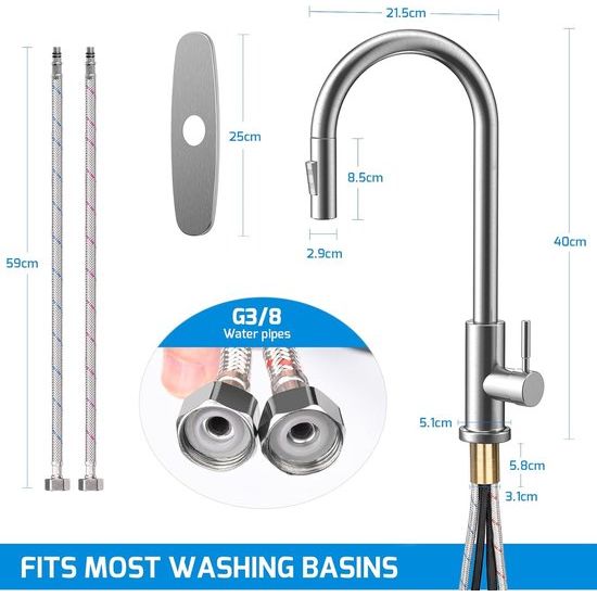 Keukenkraan met afneembare bodem, keukenkraan uitschuifbare mengkraan keuken, RVS warm koud keukenkraan G3/8'' aansluiting 360° draaibaar wastafelkraan met douche twee waterstraalsoorten