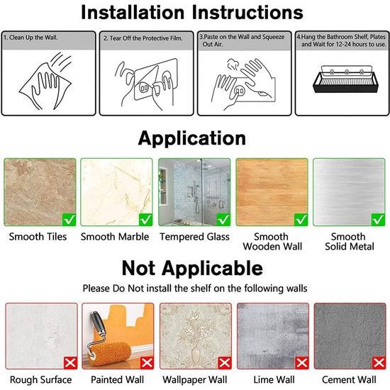 Doucheplank, zonder boren, doucheplank zonder boren, met zeepbakje en 4 haken, badkamerorganizer, douchemand, shampoohouder voor badkamer, keuken, toilet, 304 roestvrij staal, zwart, 3 stuks