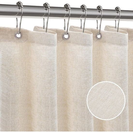 Waterproof Shower Curtain, 182 x 92 cm, Linen Bath Curtain with Impermeable Coating, Anti-Mould Fabric, Textile Shower Curtain with 12 Shower Curtain Rings, Washable, Beige