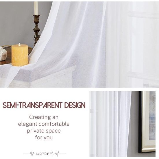 Voile gordijnen met oogjes, halftransparant, kort, linnenlook, voorhang, vitrage, wit, 145 x 140 cm (h x b) voor woonkamer, slaapkamer, kinderkamer, set van 2