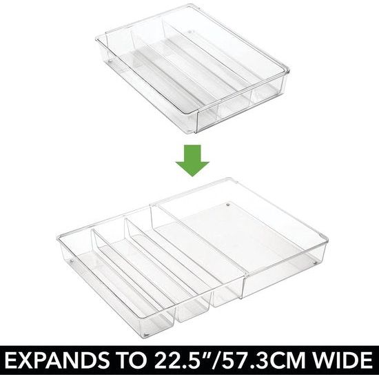 Set van 2 lade-inzetstukken, uittrekbare bestekbak voor keukengerei zoals kooklepel, spatel en garde, individueel aanpasbaar: 3 tot 4 vakken, doorzichtig