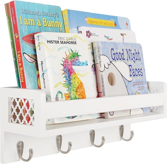 Houten wandrek voor organizer, keuken, kruidenrek, wandrek met 4 haken voor sleutelplank, opbergruimte, badkamer, boekenkast van hout voor slaapkamer, wanddecoratie, kantoor en huishouden. (wit)