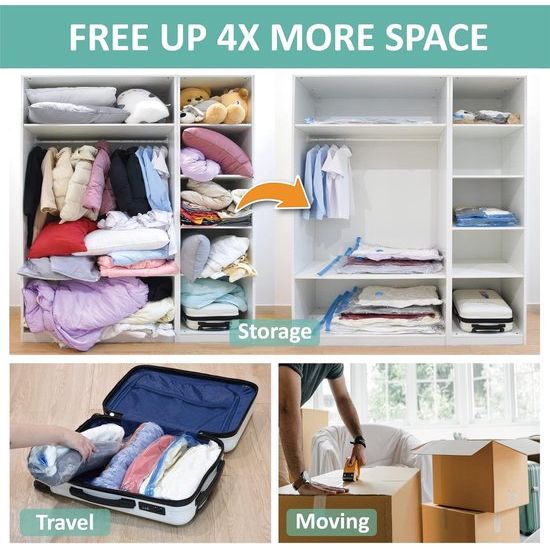 Vacuümzakken voor kledingdekbedden, 6 stuks ruimtebesparende zakken (2 jumbo/2 large/2 medium) vacuümopbergzakken voor dekbedden en dekens, inclusief handpomp