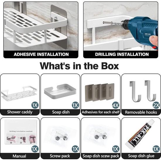 Douchewagen zonder boren, wit, afneembaar, waterdicht, badkamerplank met 2 beweegbare haken, badkamerplank, zeepbakje, aluminium badkamerorganizer voor binnendouche en keukenopslag