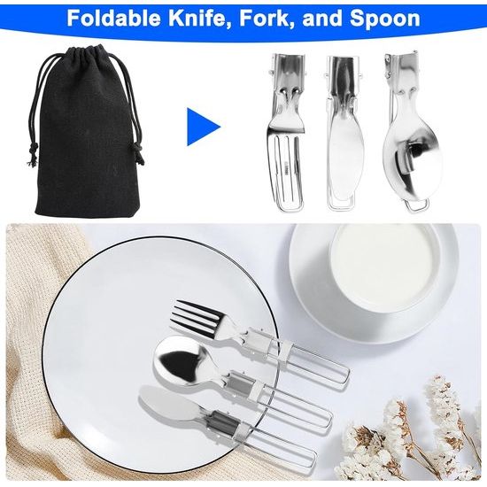 Campingserviesset 10-delig, roestvrij staal, campingbestek, accessoires, outdoor reisbestek, set voor 2 personen, met opvouwbare messen, vork, lepel, kookgerei voor picknick, backpacking,