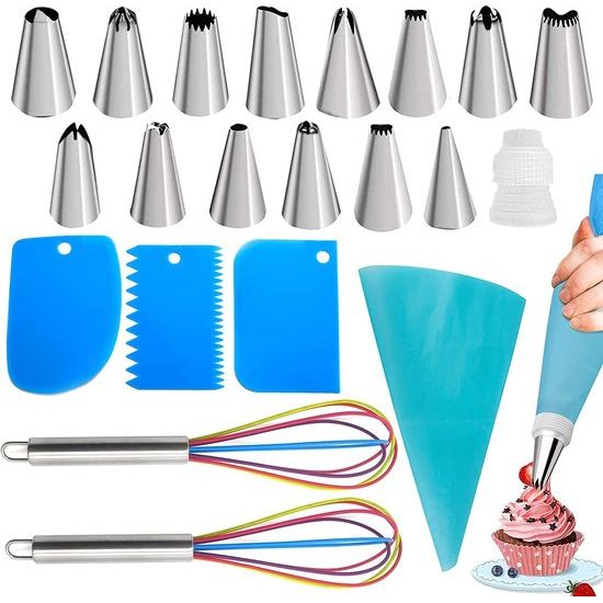 Qixuer 16-delige set spuitmonden voor taartdecoratie, met 1 spuitzak, 3 schrapers, 1 adapter, 2 garde, spuitmonden, gebak, doe-het-zelf-kits voor taartdecoratie