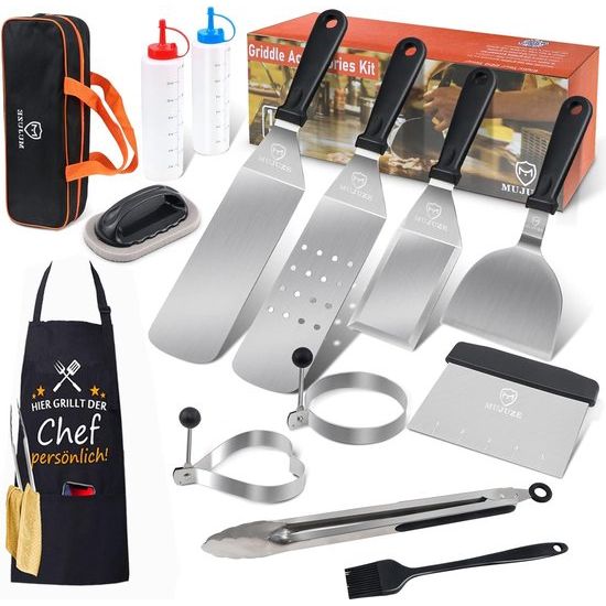 Grillspatel, roestvrij stalen set, plancha spatel, grill, accessoires in koffer, cadeau voor mannen, papa, professionele spatel, accessoires voor grillen, teppanyaki en camping