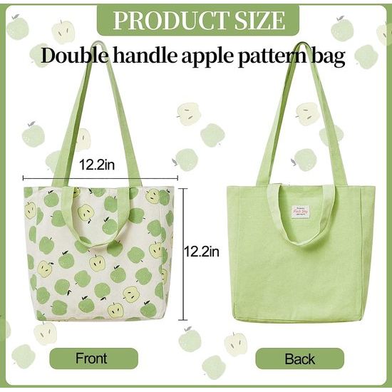 Dubbelzijdige linnen tas van katoen en linnen, stoffen tas, boodschappentas, katoenen schouderriem, dubbele draaggreep, canvas, messenger bag voor dames, kinderen (groene appels, 31 x 10 x 31 cm)