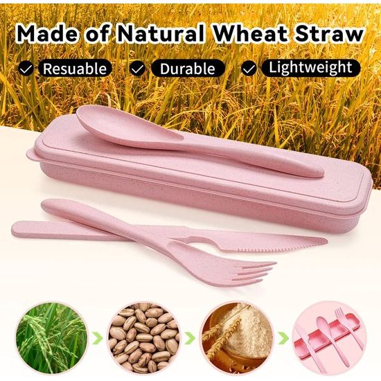 4-delige bestekset, plastic bestek herbruikbare set, campingbestek met koffer, reisbestek met koffer, reisbestek lepel mes vork eetstokjes koffer voor lunchbox, school, picknick, camping, reizen