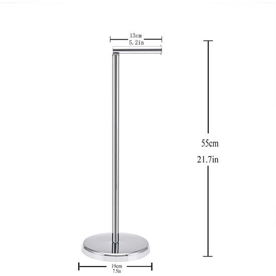 Toiletrolhouder, staat, bovenvlakte behandeling van verchroomd staal, toiletrolhouder dispenser met witte vloer, 19 x 19 x 55 cm, voor badkamerkamer, bovenverdieping 13 cm