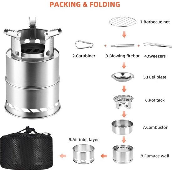 Outdoor kooktoestel, draagbaar kooktoestel, houtkachel draagbaar, campingkooktoestel, outdoor, houtcarburateur, inklapbaar en winddicht, van roestvrij staal, voor camping, barbecue, picknick, outdoor backpacking