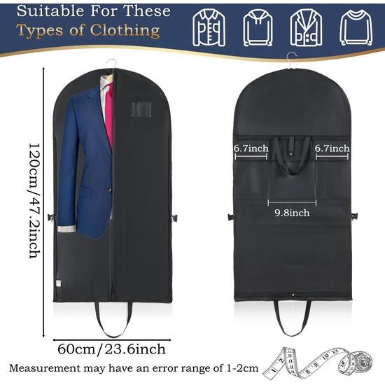 Premium kledingtas 60 x 120 cm, materiaaldikte 120 GSM, kreukvrij, ademende pakkentas, gemakkelijk mee te nemen, opvouwbare reiskledinghoes, voor pakken, jurken, jassen, avondjurken, kledingtassen, lang